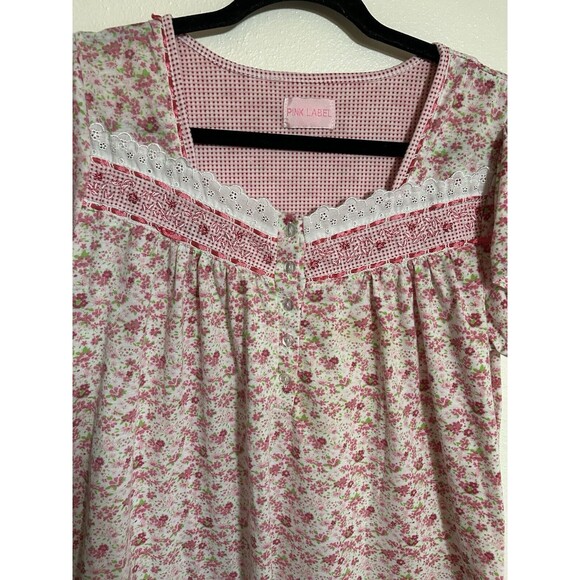 Pink Label Floral Night Gown Pink gingham Yolk 4 Button Front Lightweight Size M - Picture 2 of 5